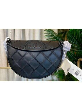 NEW!!! Authentic Tory Burch Black Quilted Leather Fleming Cresent Handbag